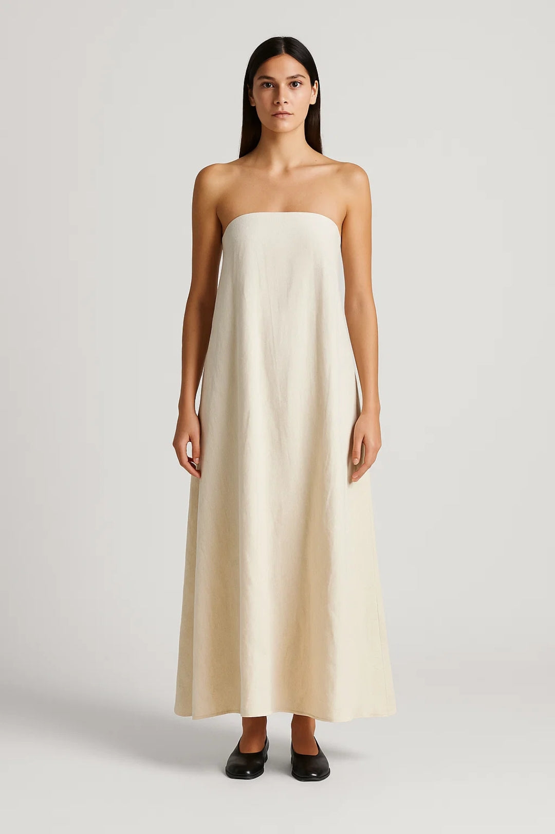 Farah | Trägerloses Maxikleid aus natürlichem Leinen | Lockere und minimalistische Passform