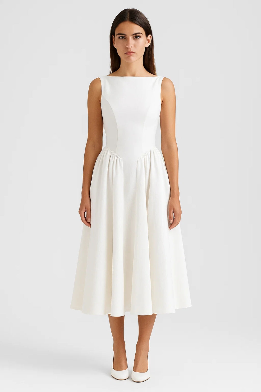Sofia | Weißes Midikleid mit offenem Rücken | Ausgestellter Rock | Minimalistische Eleganz
