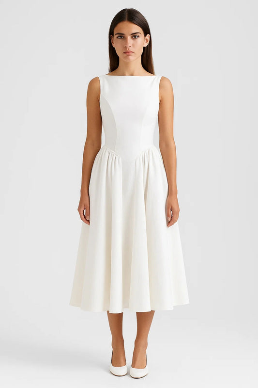 Sofia | Weißes Midikleid mit offenem Rücken | Ausgestellter Rock | Minimalistische Eleganz