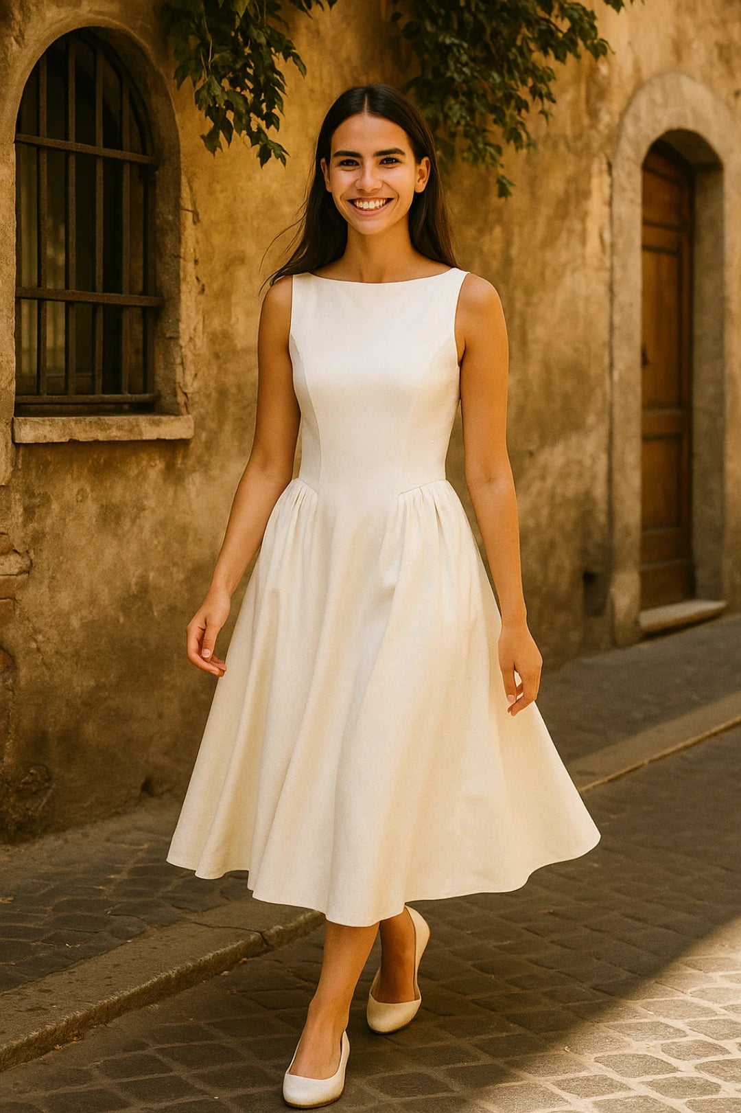 Sofia | Weißes Midikleid mit offenem Rücken | Ausgestellter Rock | Minimalistische Eleganz